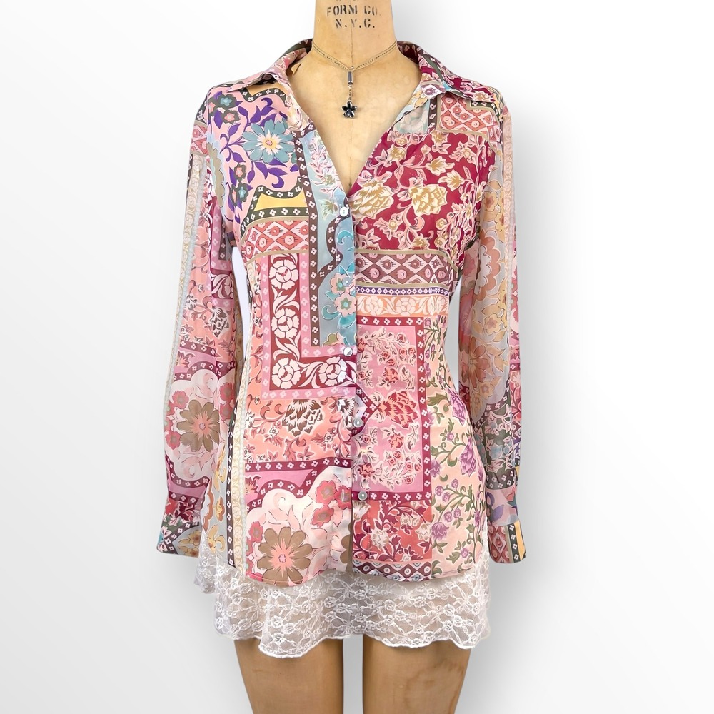 Zara Patchwork Sheer Button Down Blouse Chiffon Multicolor Boho Fairy‎ Size XS